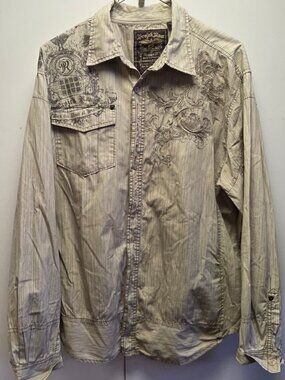 Projek Raw Shirt Mens XL Beige Pinstripe Embroidered Y2K Button Up